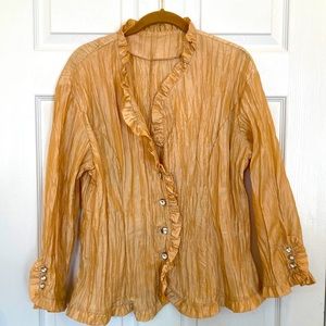 Golden-Yellow Crinkle Ruffle Faux Crystal Jacket. No Brand and No Size Listed.